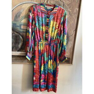 Anne Crimmins Silk Dress Vintage Colourful 80s Vibrant Long Dress Size 8